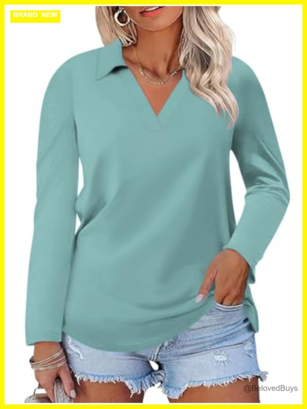 Plus Size Collared V Neck Polo Top Long Sleeve Tunic Work Blouse